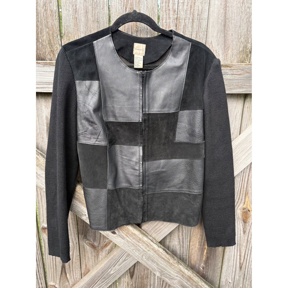 VTG Massini Women Black Leather Suede Patchwork Ribbed Knit Wool Blend Jacket XL